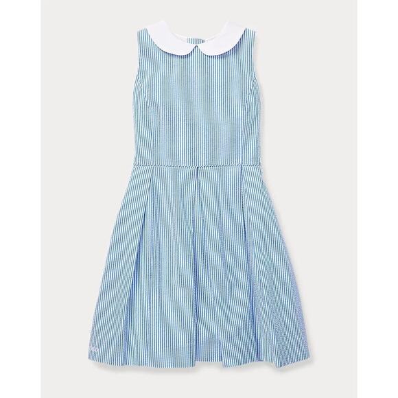 Polo Ralph Lauren Girl's Seersucker Fit-and-Flare Dress Blue/White Girls Size M - Picture 1 of 11